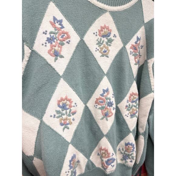 Alfred Dunner Sweater Floral Mint Harlequin Embroidery Petite Large Grandma - Picture 2 of 7